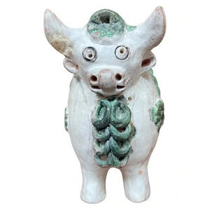 Vintage Pottery Folk Art Figurine of a Bull Very Unique 4" Tall